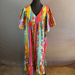 Phool 2X Multicolor Cotton Maxi‎ Dress Floral Pattern V Neck Caftan Boho